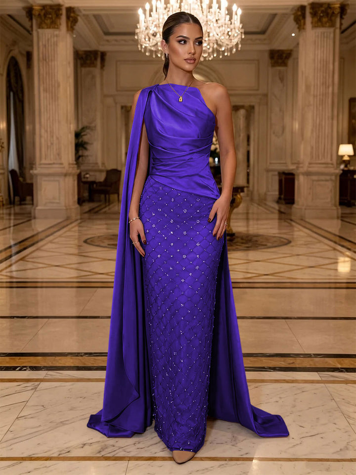 Sequin Sheath One Shoulder Sash Ruched Evening Dresses