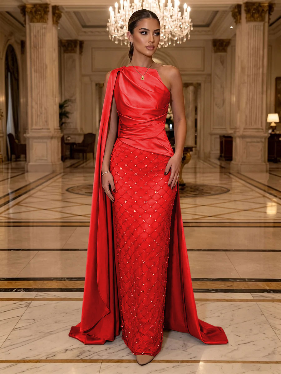 Sequin Sheath One Shoulder Sash Ruched Evening Dresses