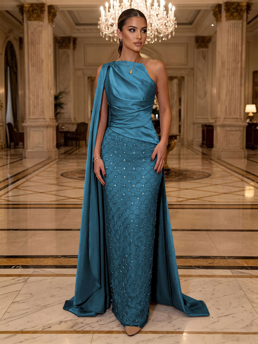 Sequin Sheath One Shoulder Sash Ruched Evening Dresses