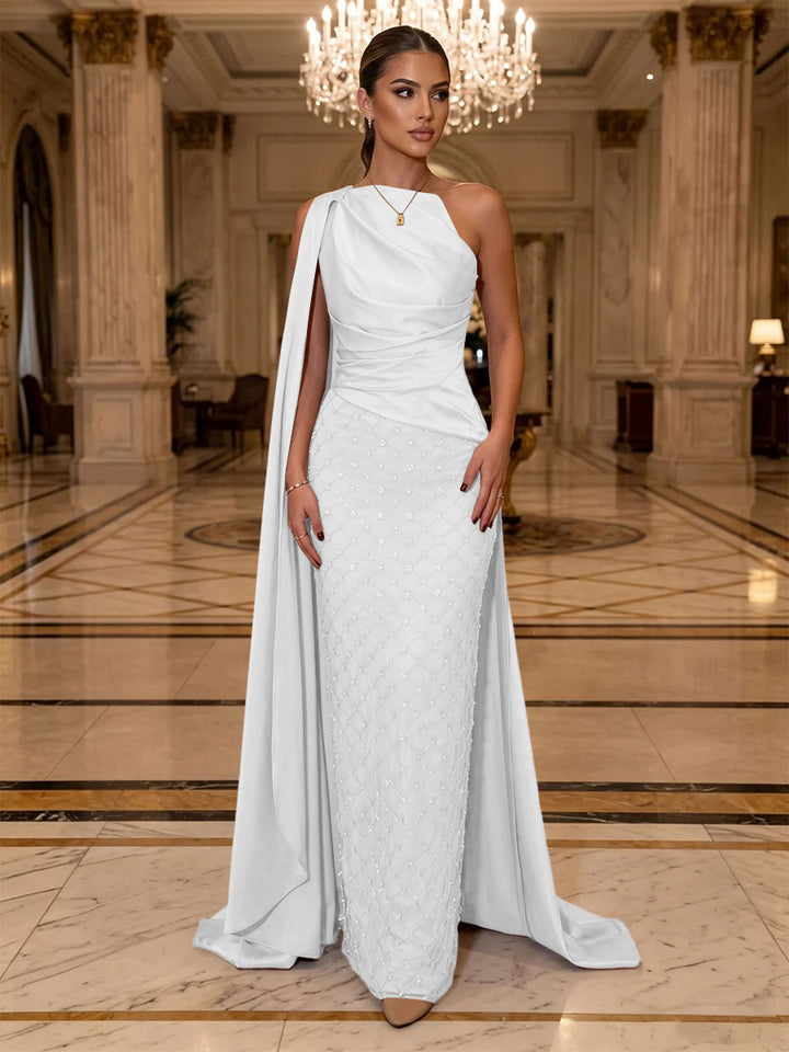 Sequin Sheath One Shoulder Sash Ruched Evening Dresses