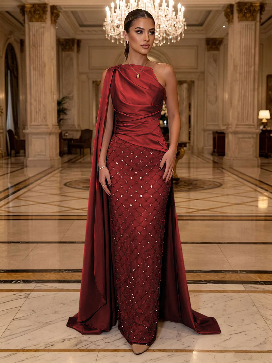Sequin Sheath One Shoulder Sash Ruched Evening Dresses