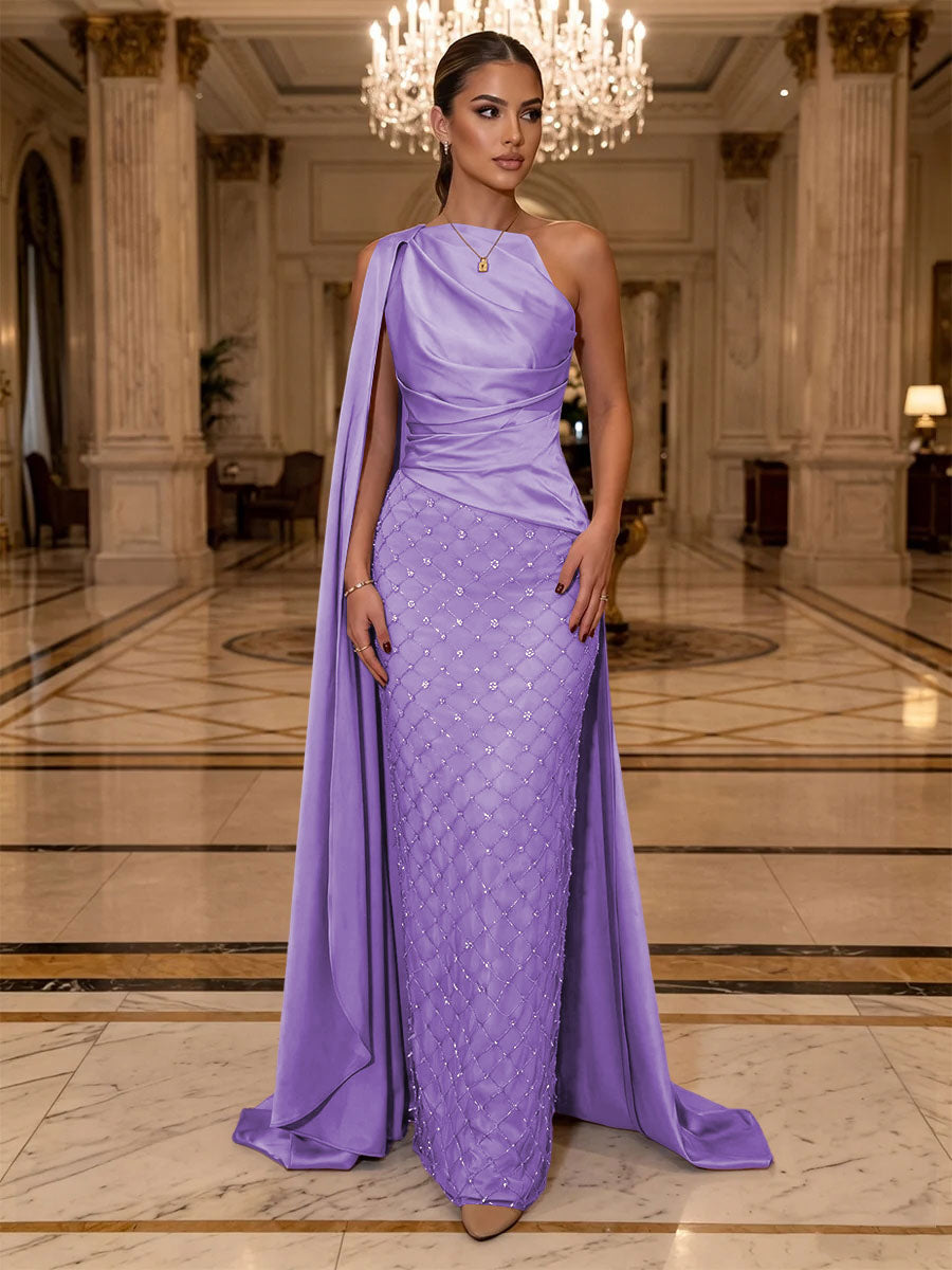 Sequin Sheath One Shoulder Sash Ruched Evening Dresses
