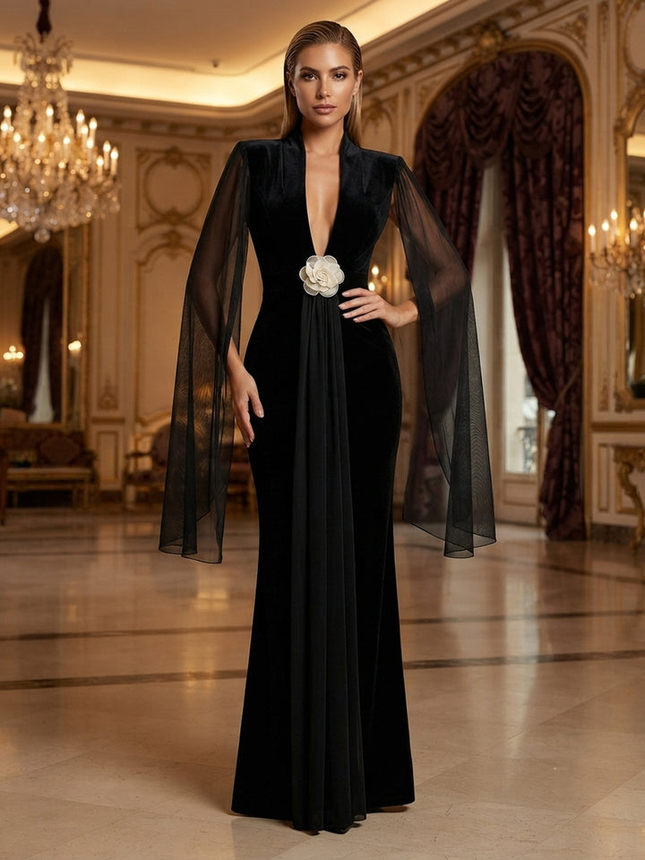 Chiffon Mermaid V Neck 3D Flowers Ruched Evening Dresses