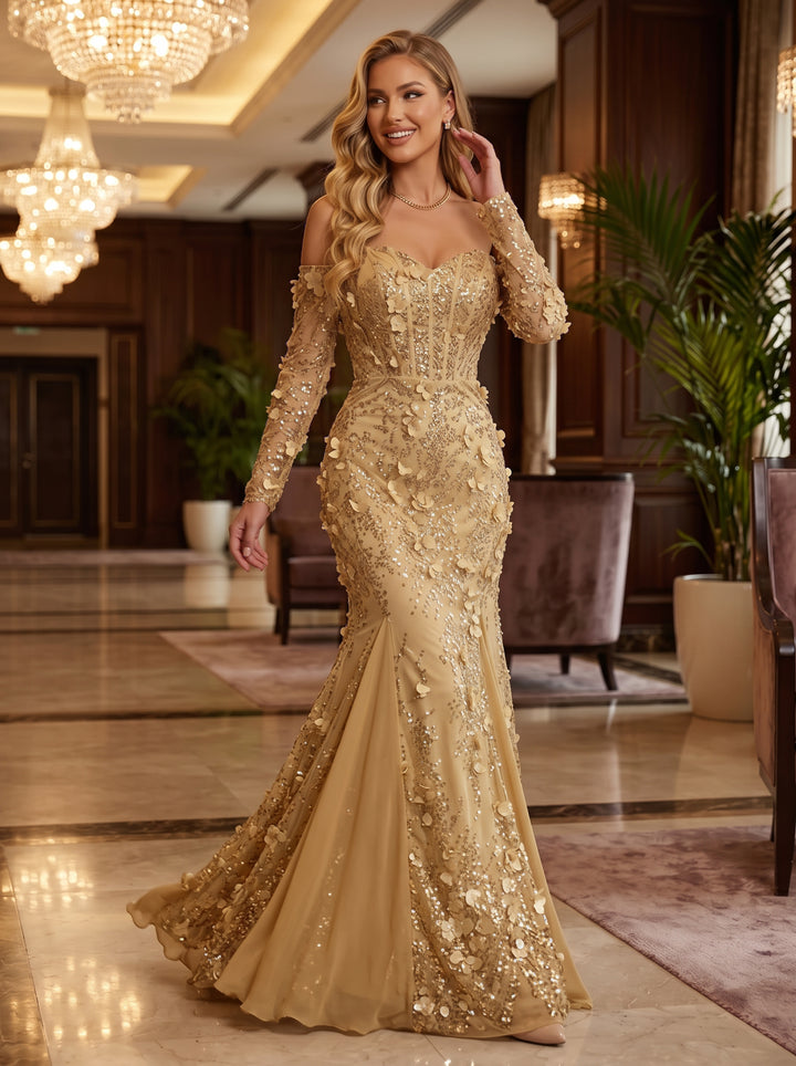 Sequin Floral Mermaid Strapless Corset Ruched Evening Dresses
