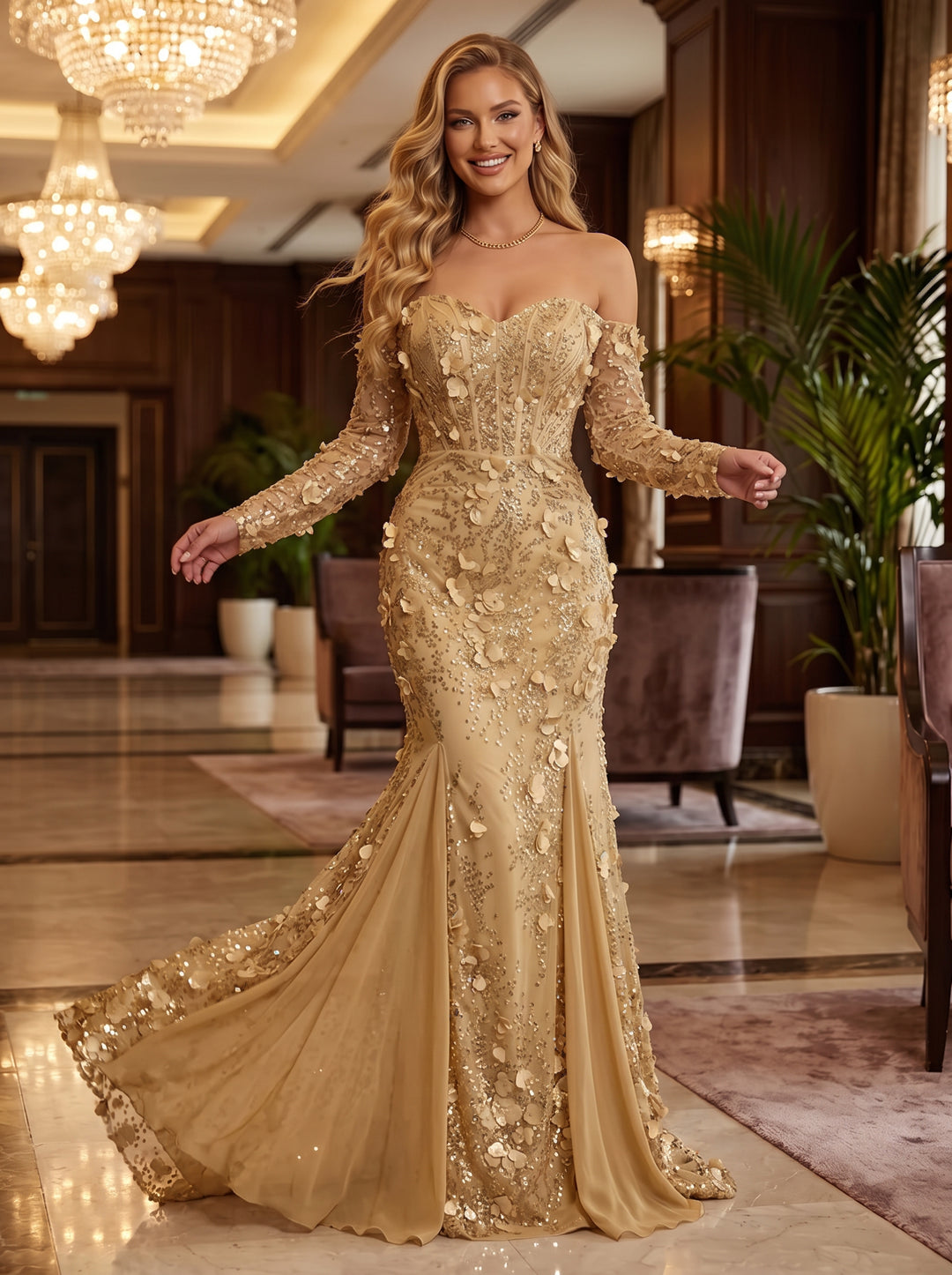Sequin Floral Mermaid Strapless Corset Ruched Evening Dresses