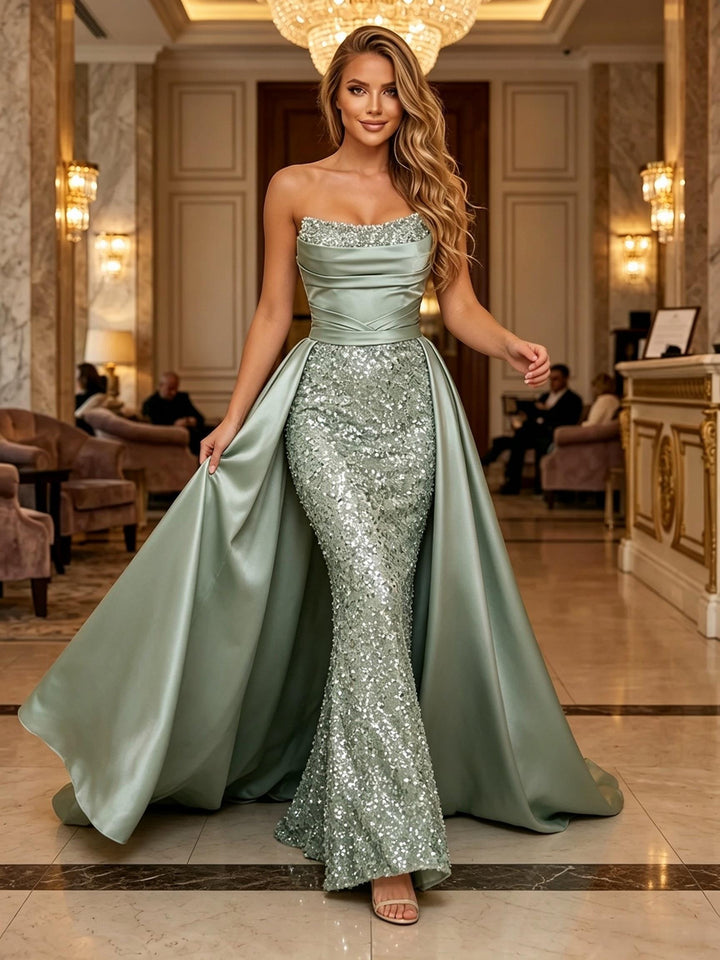 Sequin A Line Strapless Pleats Ruched Evening Dresses