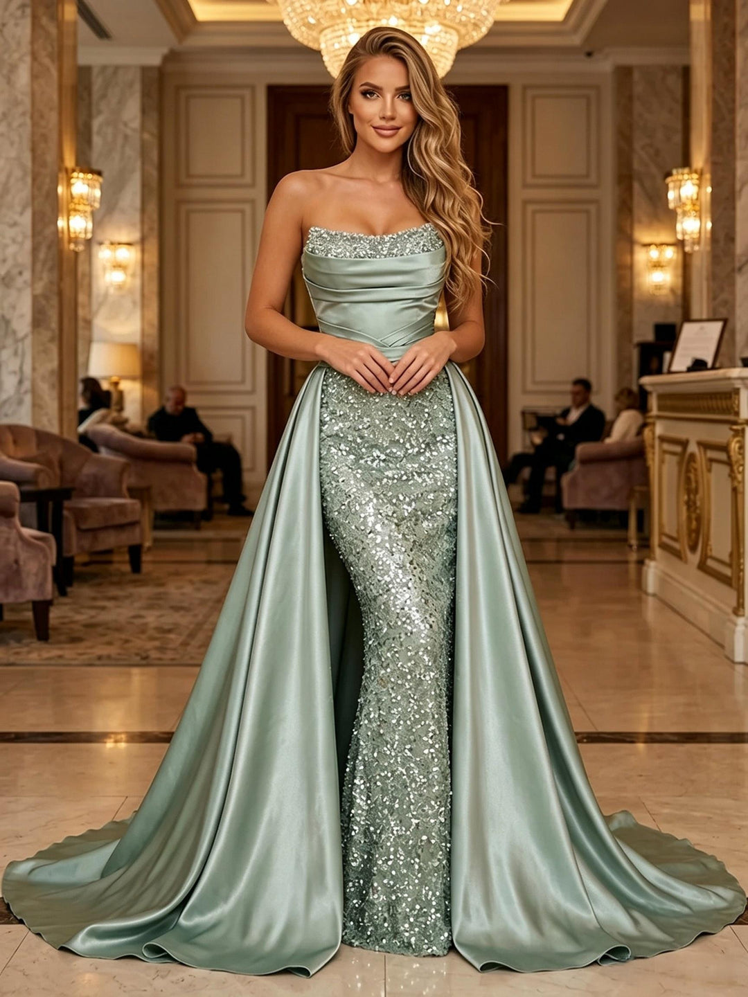 Sequin A Line Strapless Pleats Ruched Evening Dresses