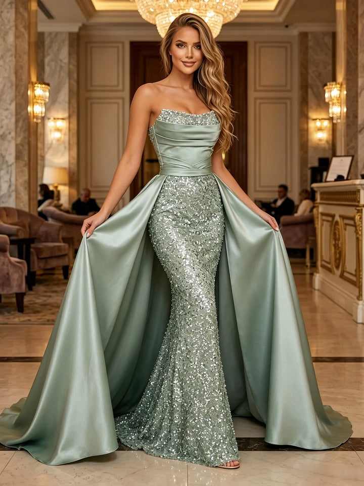 Sequin A Line Strapless Pleats Ruched Evening Dresses