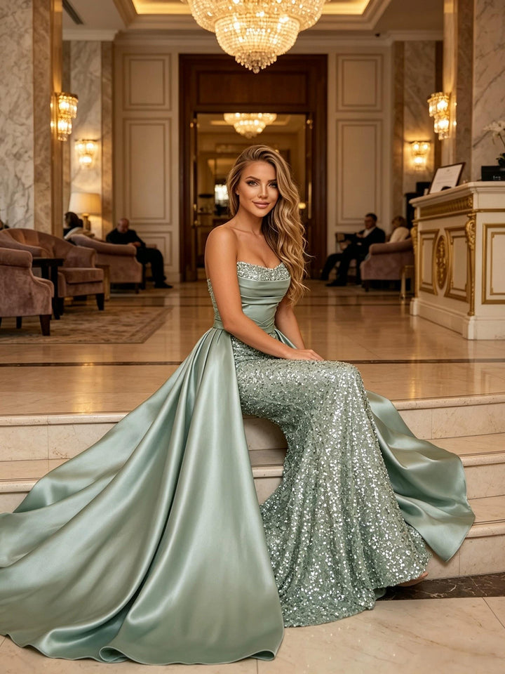 Sequin A Line Strapless Pleats Ruched Evening Dresses