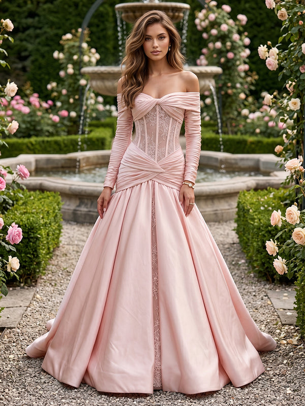Satin A Line Off the Shoulder Lace Pleats Evening Dresses