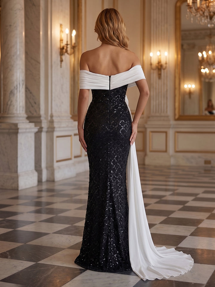 Sequin Mermaid Off the Shoulder 3D Flowers Ruched Evening Dresses