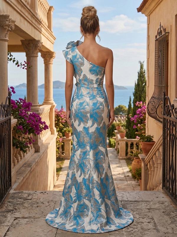 Jacquard Mermaid One Shoulder 3D Flowers Side Slit Evening Dresses