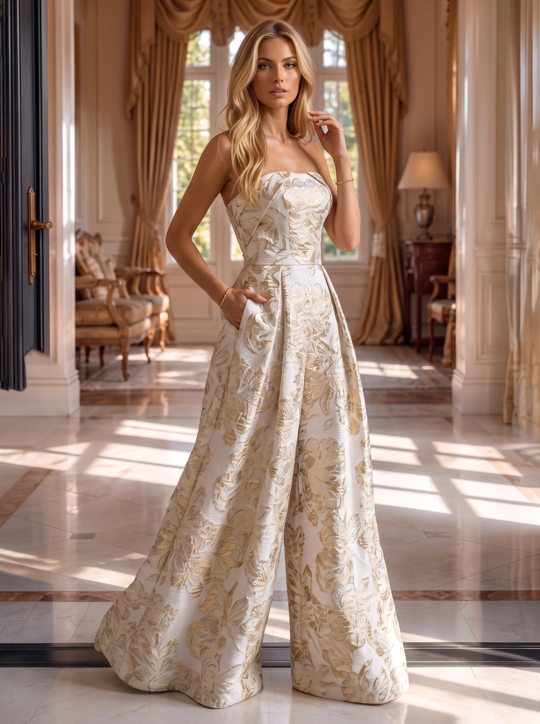 Jacquard Jumpsuit Strapless Pleats Ruched Evening Dresses