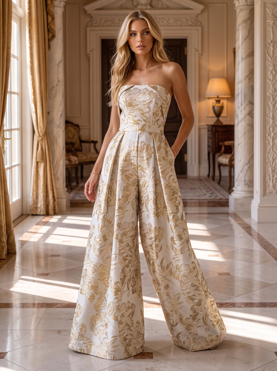 Jacquard Jumpsuit Strapless Pleats Ruched Evening Dresses