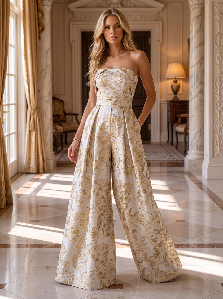 Jacquard Jumpsuit Strapless Pleats Ruched Evening Dresses
