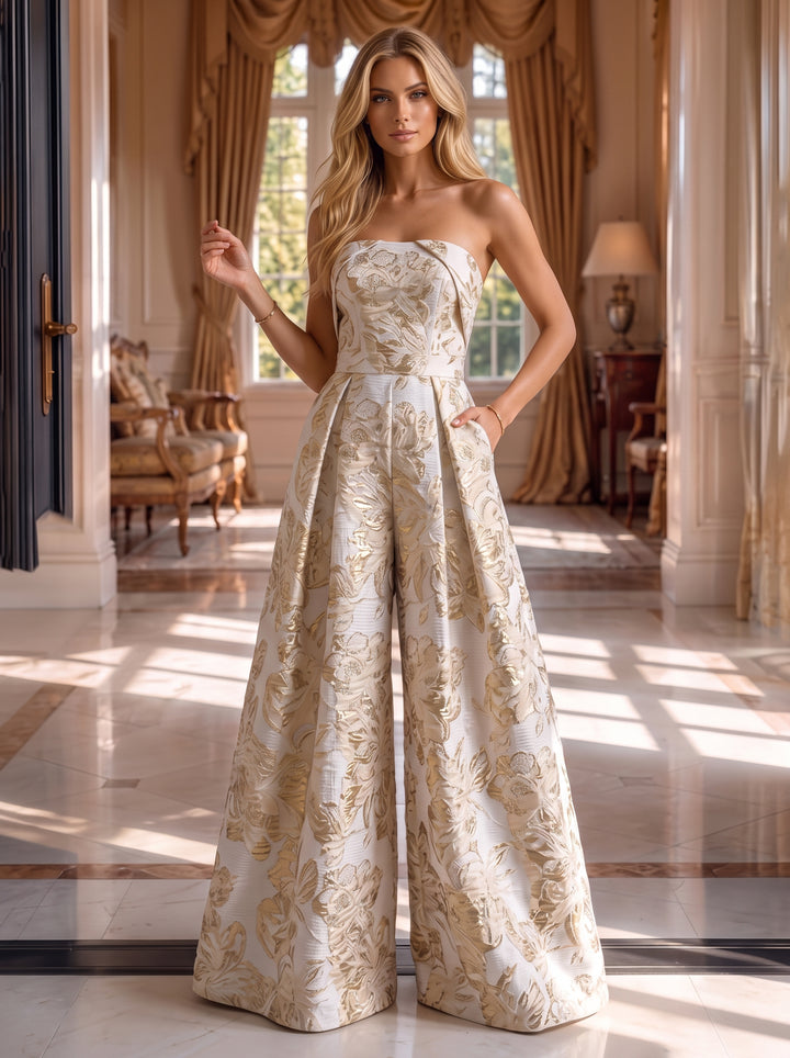 Jacquard Jumpsuit Strapless Pleats Ruched Evening Dresses