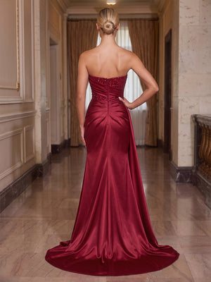 Satin Mermaid Strapless Sequin Ruched Evening Dresses