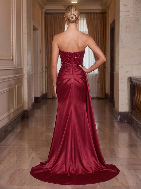 Satin Mermaid Strapless Sequin Ruched Evening Dresses