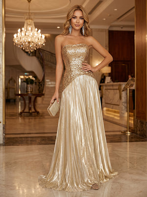 Metallic Satin Mermaid Strapless Sequin Ruched Evening Dresses