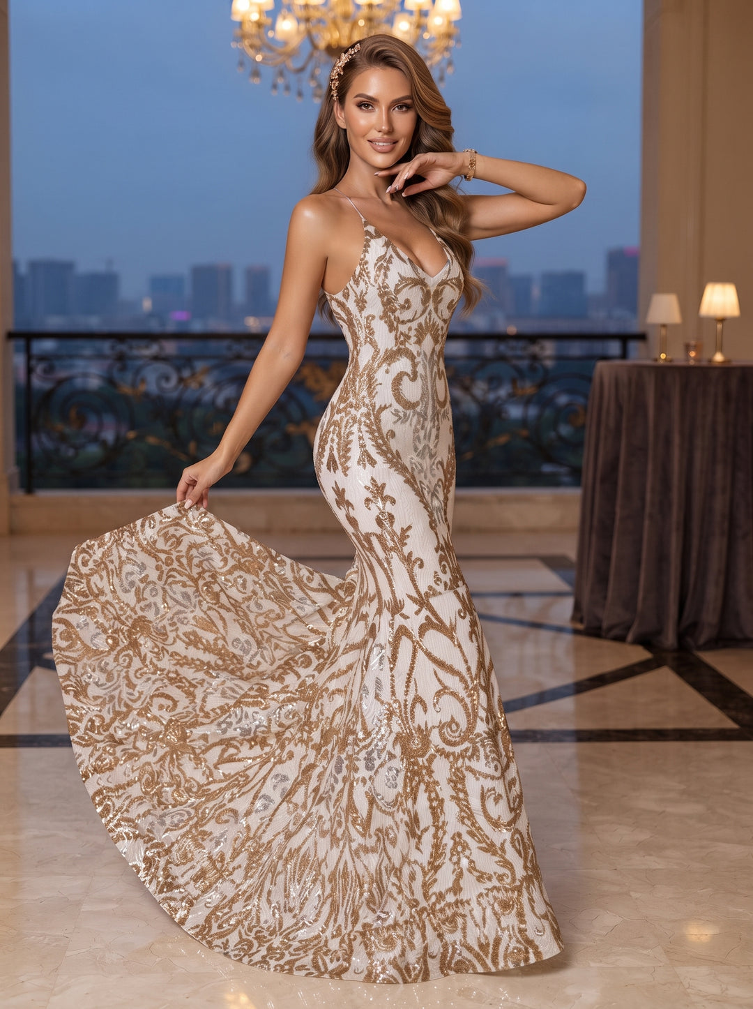 Sequin Floral Mermaid Spaghetti Straps Glitter elegent Evening Dresses for Women