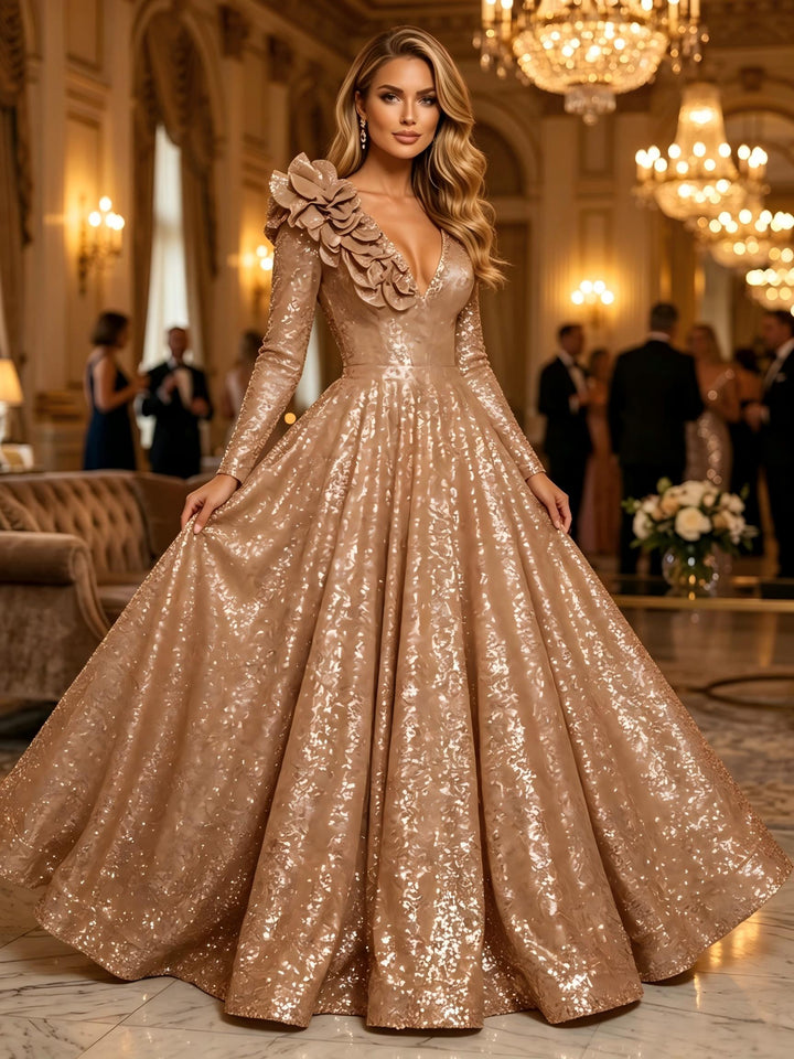 Sequin A Line V Neck 3D Flowers Ruched Evening Dresses