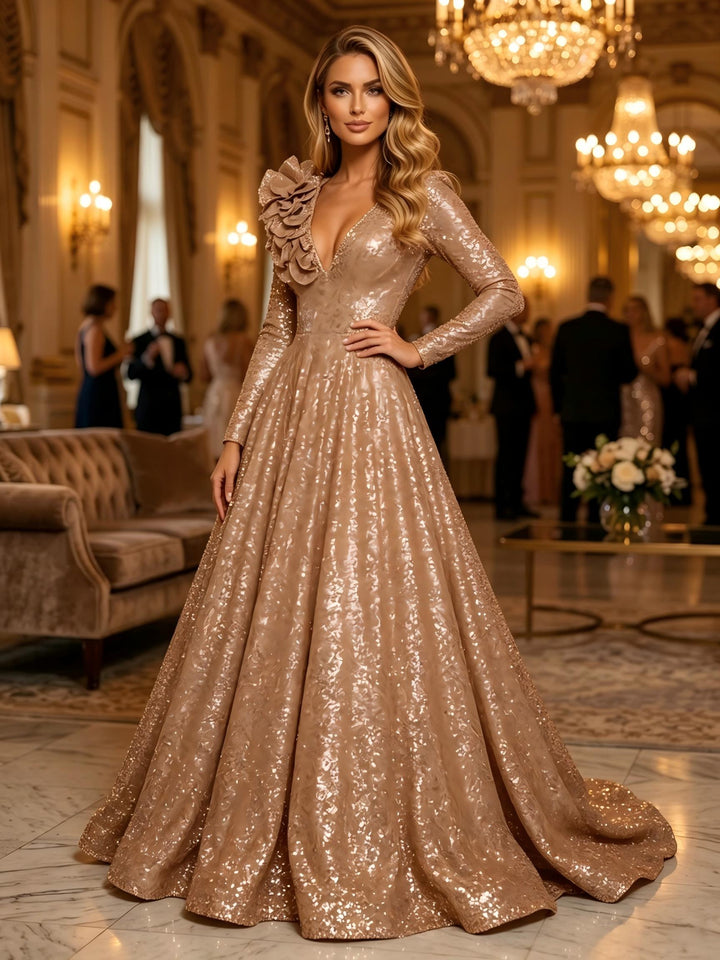 Sequin A Line V Neck 3D Flowers Ruched Evening Dresses