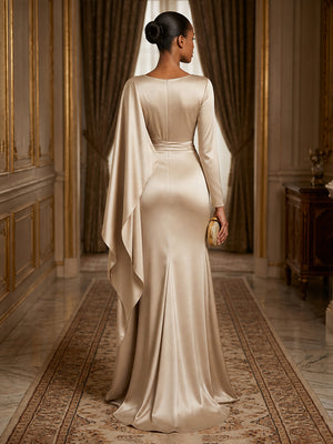 Satin Mermaid V Neck Ruffles Ruched Evening Dresses