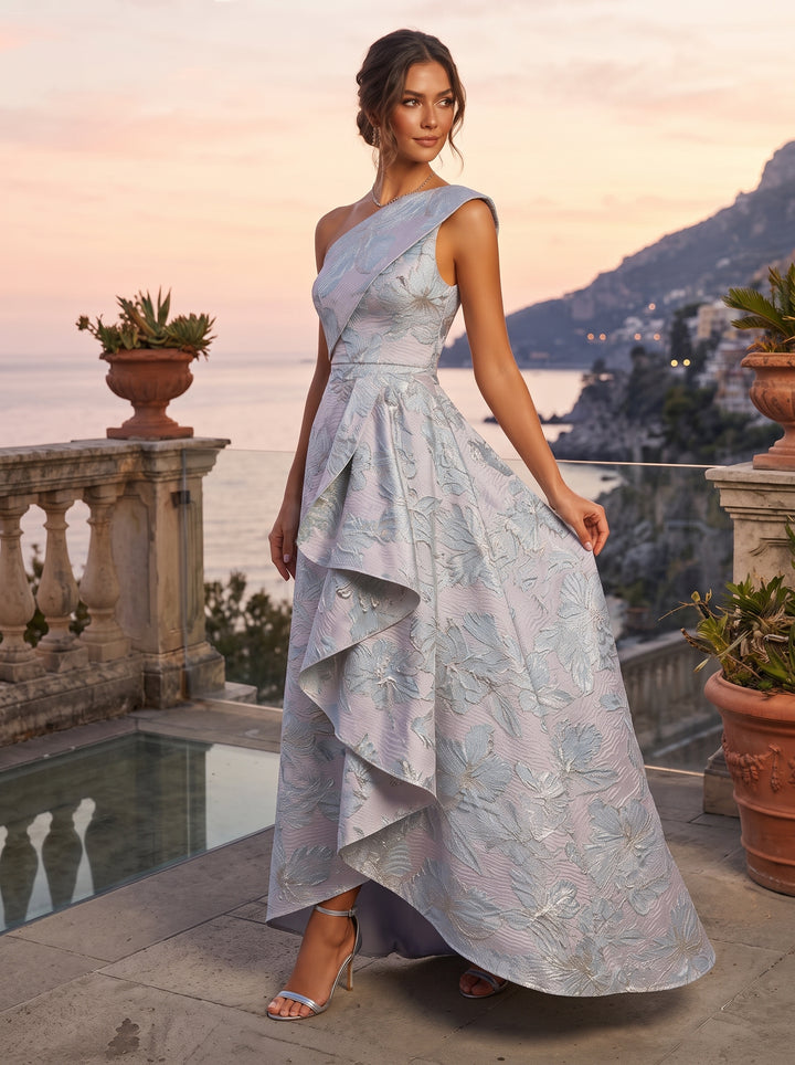 Jacquard High Low One Shoulder Ruffles Ruched Evening Dresses