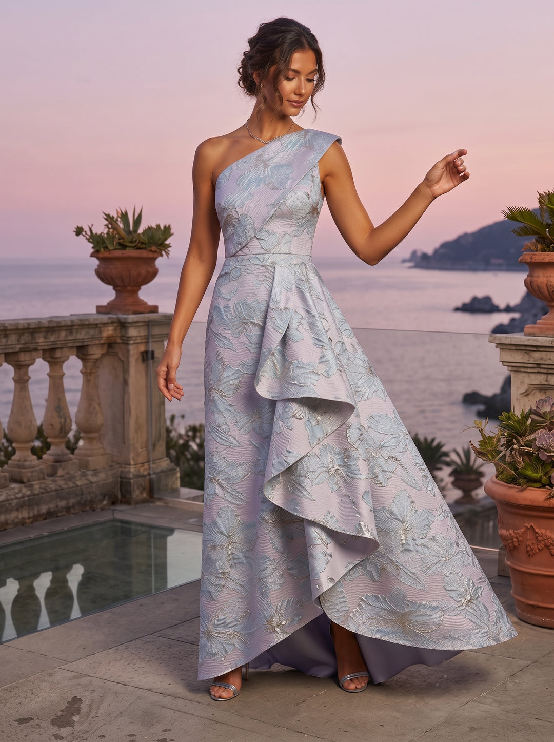 Jacquard High Low One Shoulder Ruffles Ruched Evening Dresses