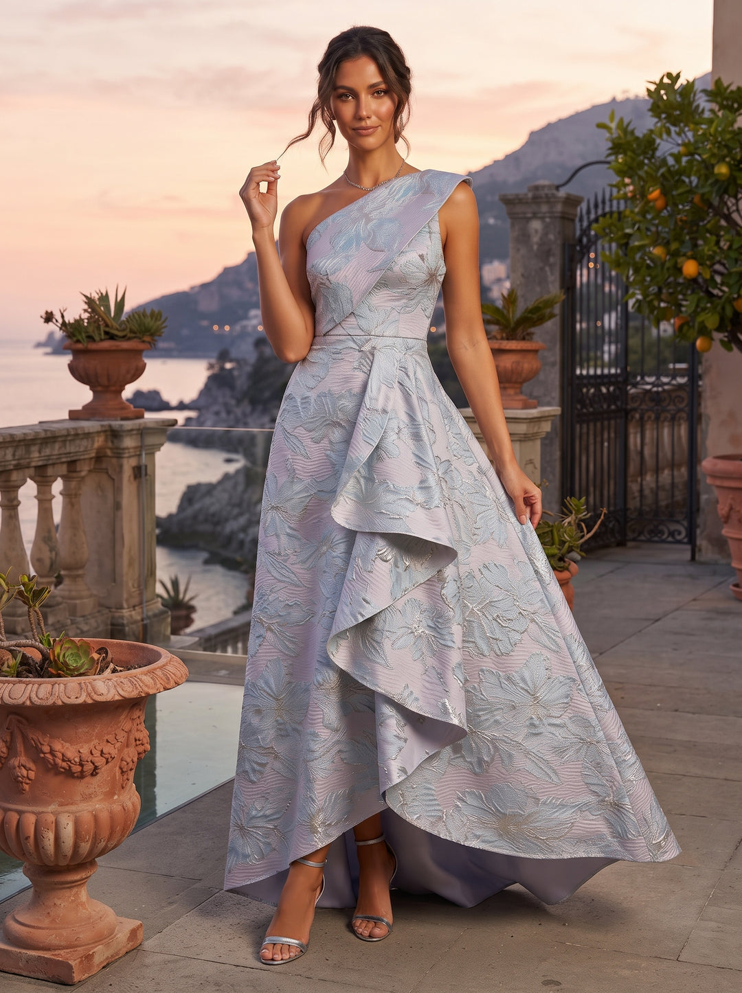 Jacquard High Low One Shoulder Ruffles Ruched Evening Dresses
