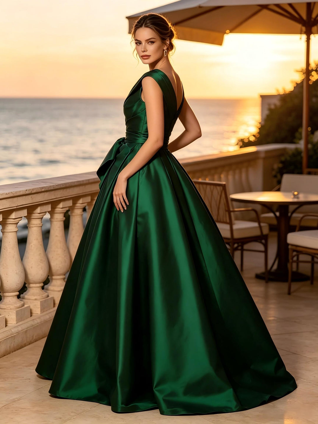 Satin A Line One Shoulder Sash Side Slit Evening Dresses