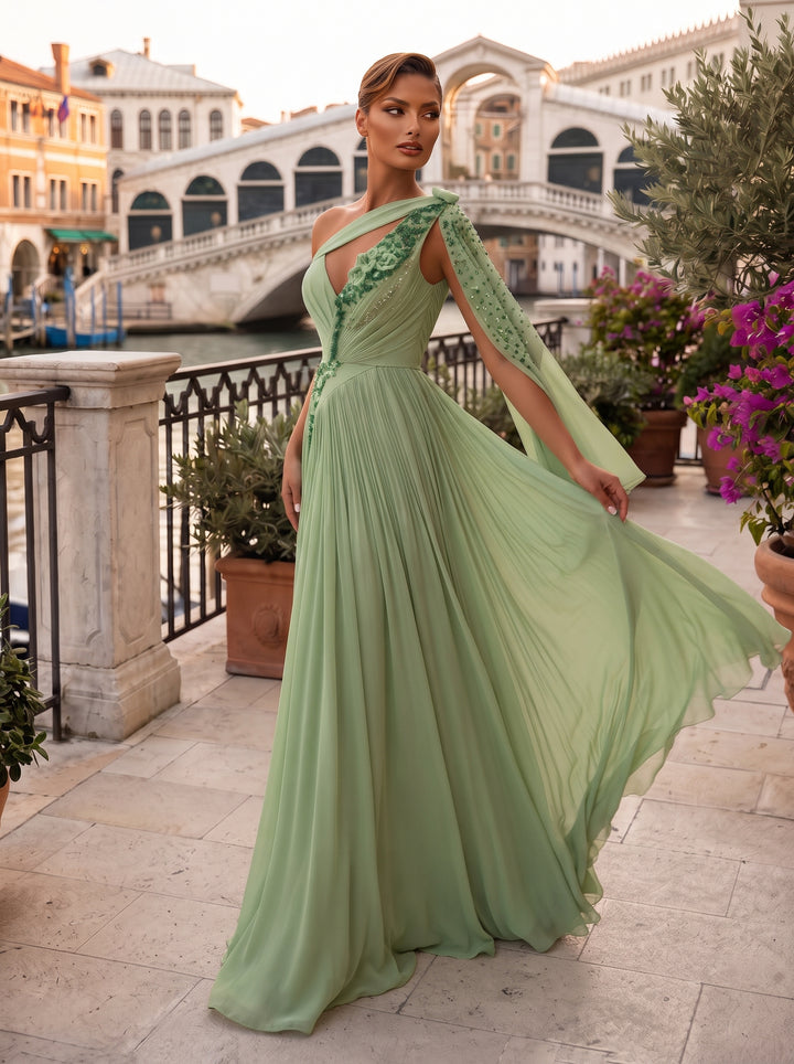 Chiffon Mermaid Asymmetric Neck Sequin Pleats Evening Dresses