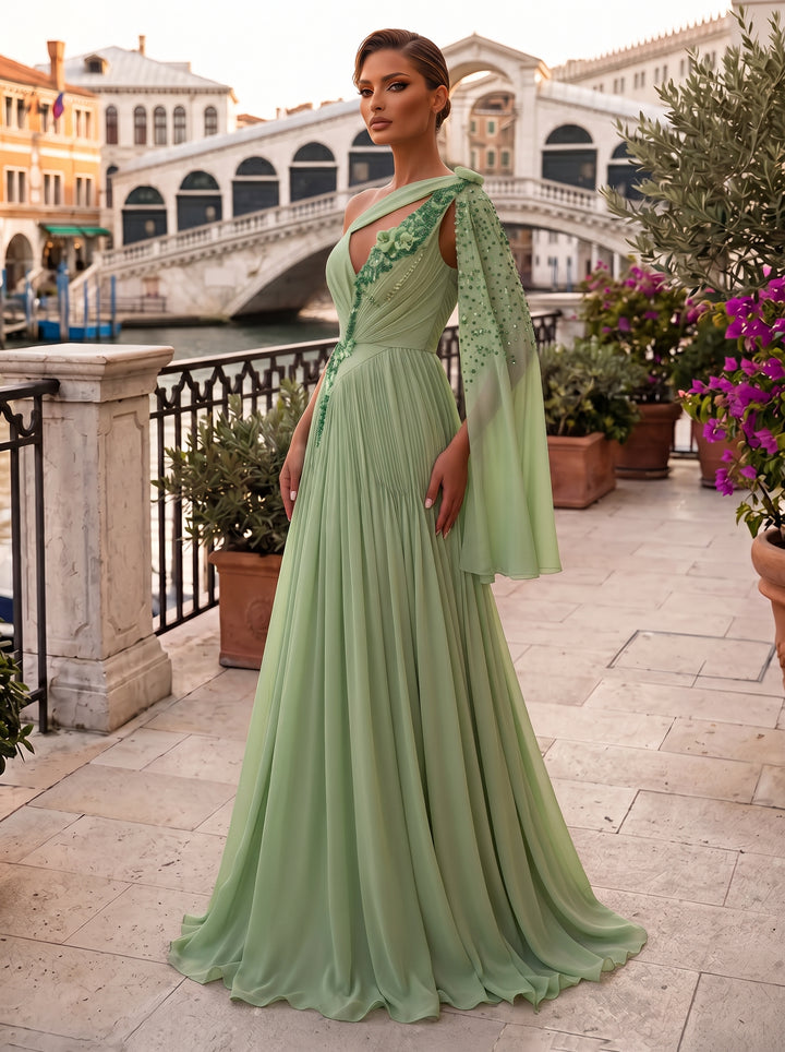 Chiffon Mermaid Asymmetric Neck Sequin Pleats Evening Dresses