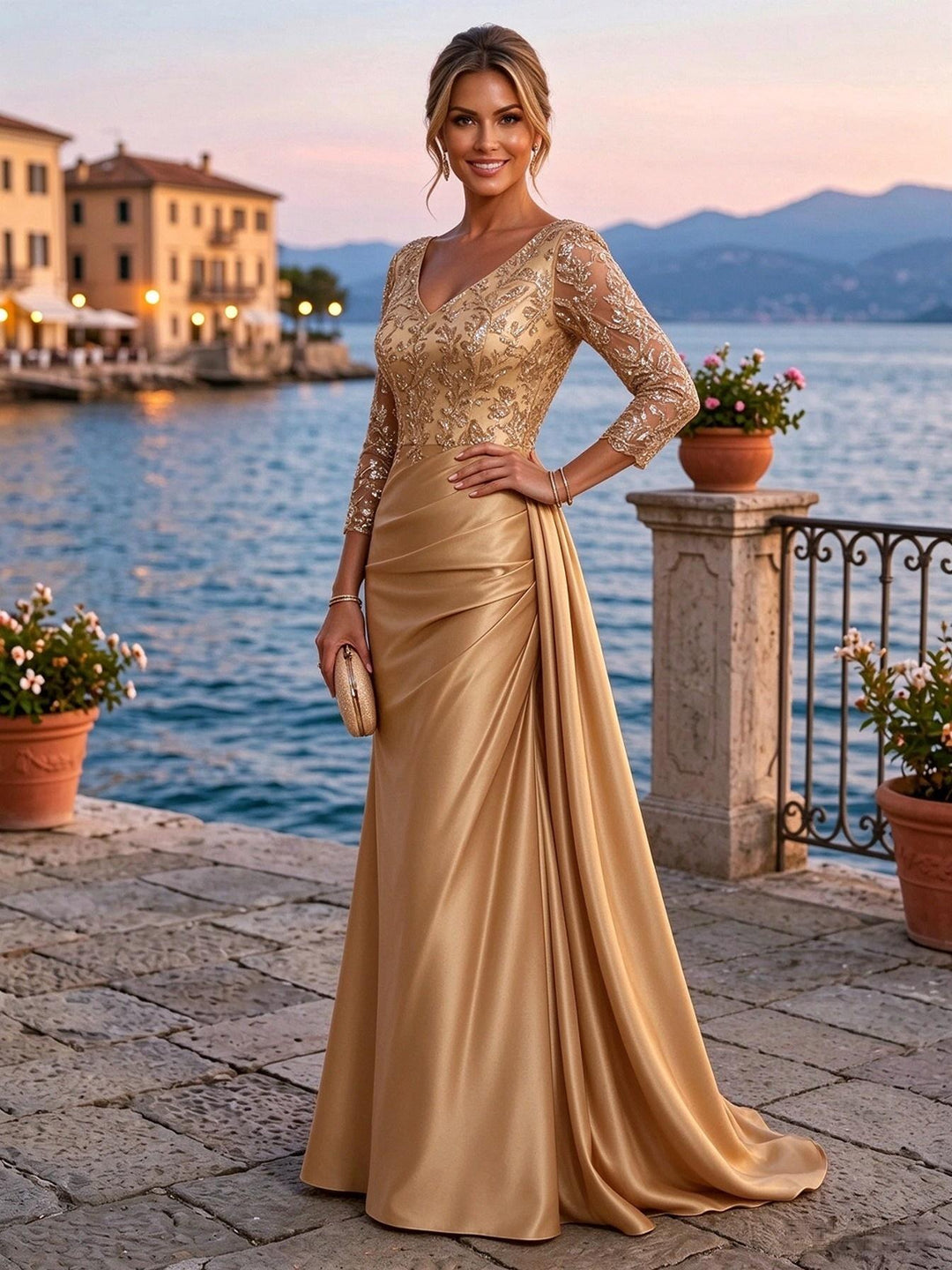 Satin Sheath V Neck Sequin Floral Pleats Evening Dresses