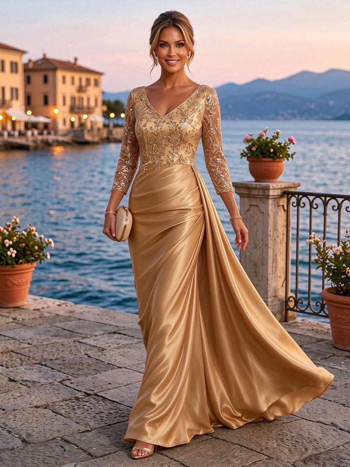 Satin Sheath V Neck Sequin Floral Pleats Evening Dresses