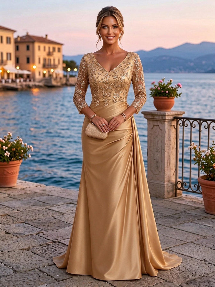 Satin Sheath V Neck Sequin Floral Pleats Evening Dresses