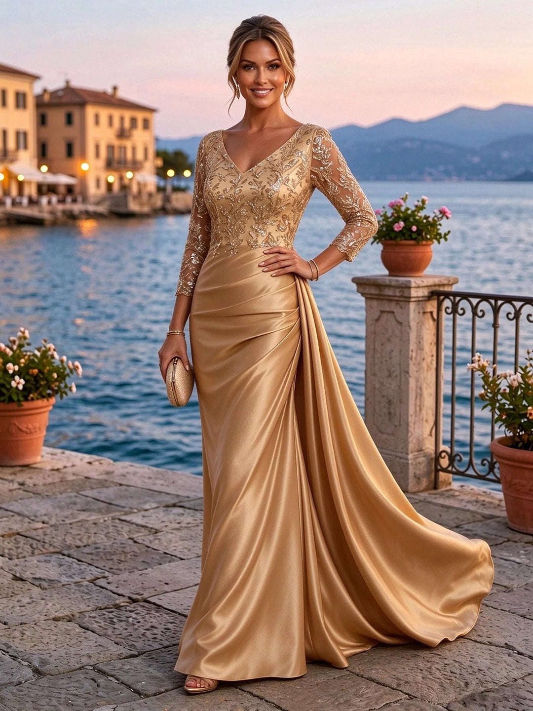 Satin Sheath V Neck Sequin Floral Pleats Evening Dresses