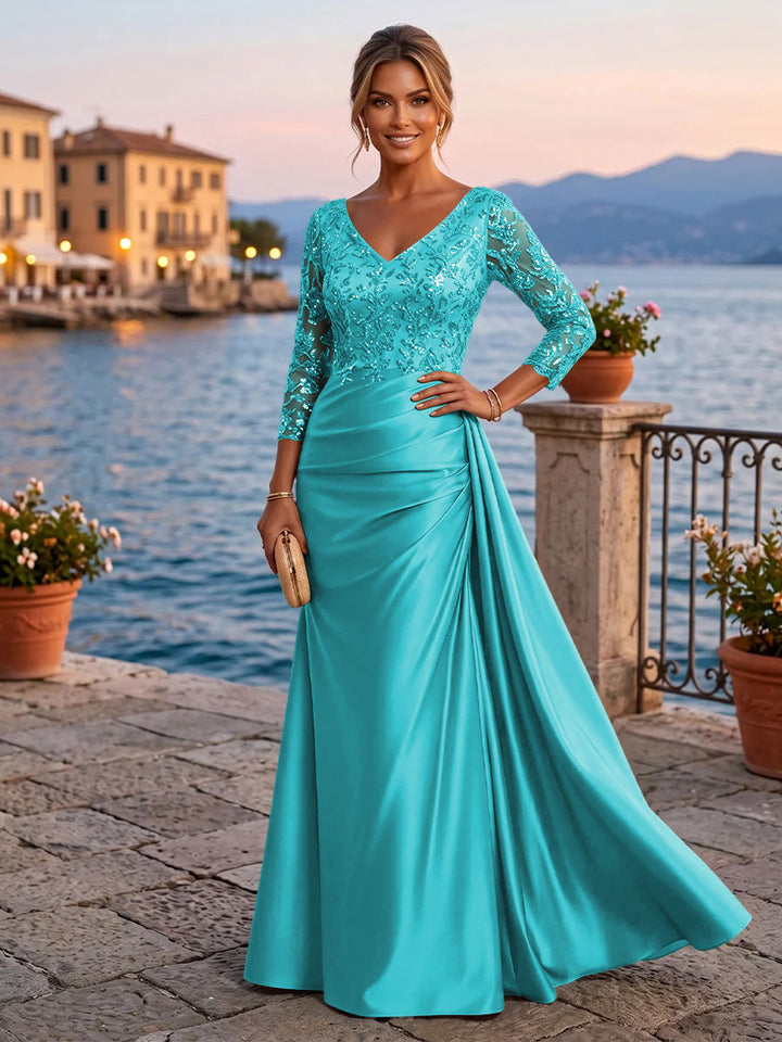 Satin Sheath V Neck Sequin Floral Pleats Evening Dresses