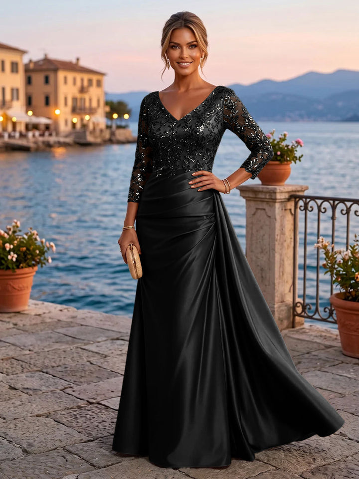 Satin Sheath V Neck Sequin Floral Pleats Evening Dresses