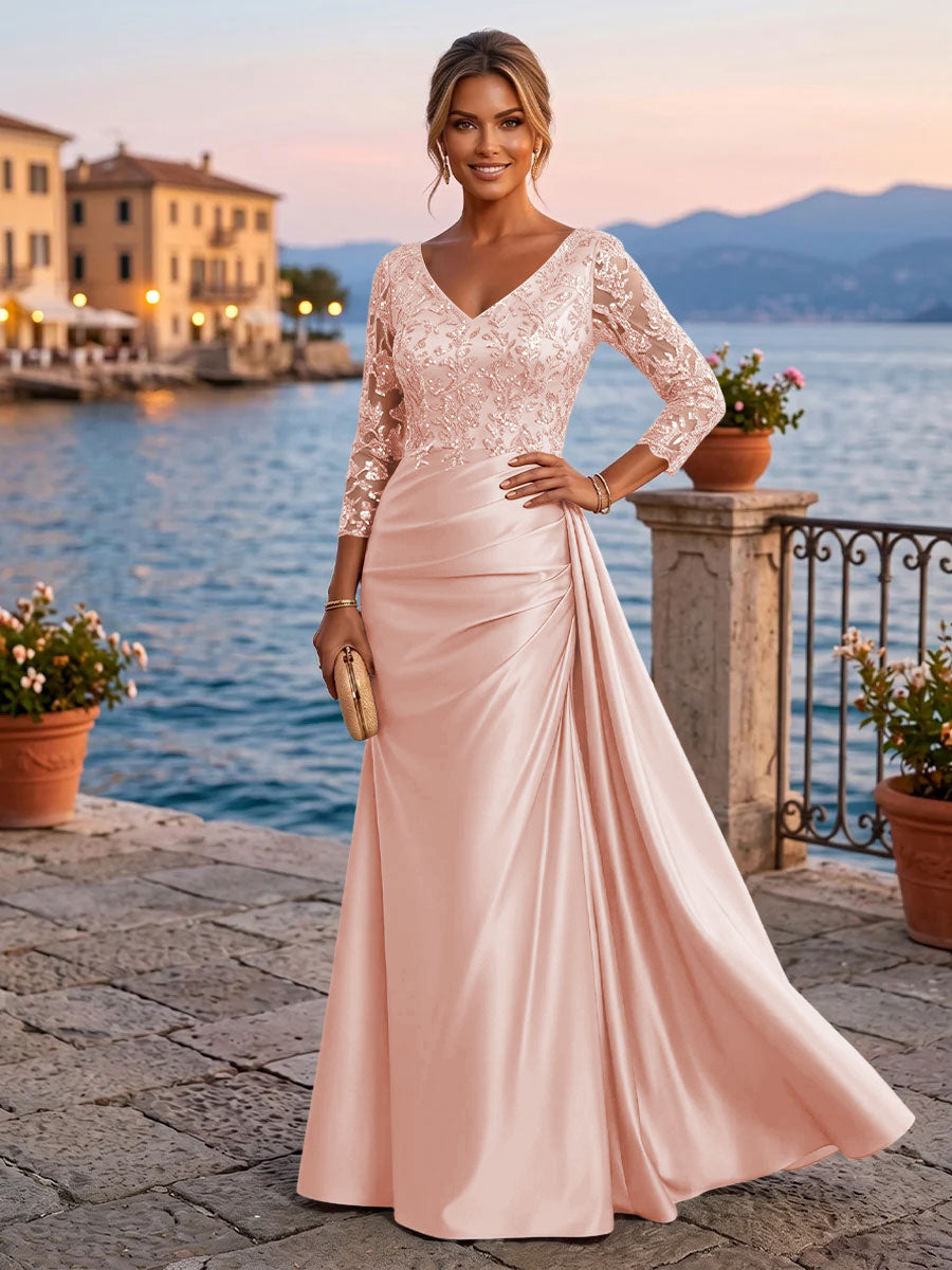 Satin Sheath V Neck Sequin Floral Pleats Evening Dresses