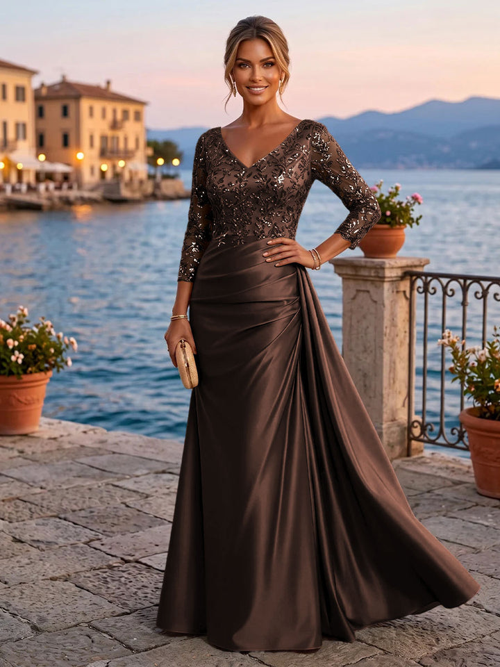 Satin Sheath V Neck Sequin Floral Pleats Evening Dresses