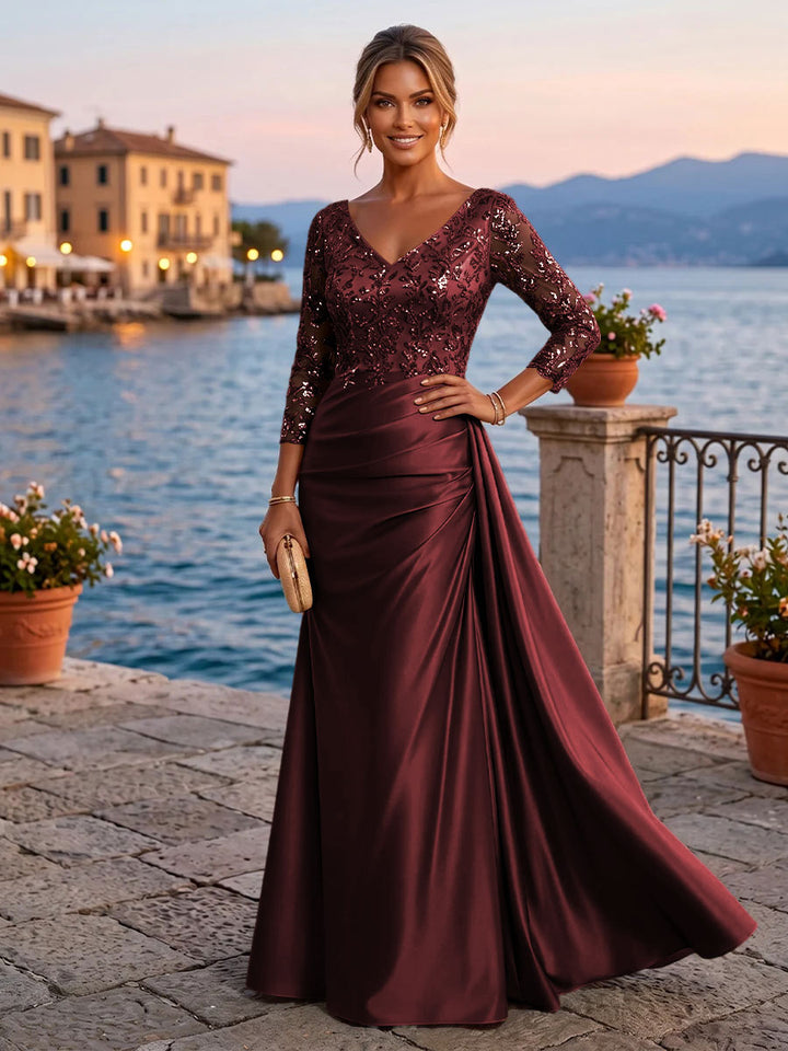 Satin Sheath V Neck Sequin Floral Pleats Evening Dresses