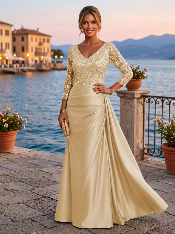 Satin Sheath V Neck Sequin Floral Pleats Evening Dresses