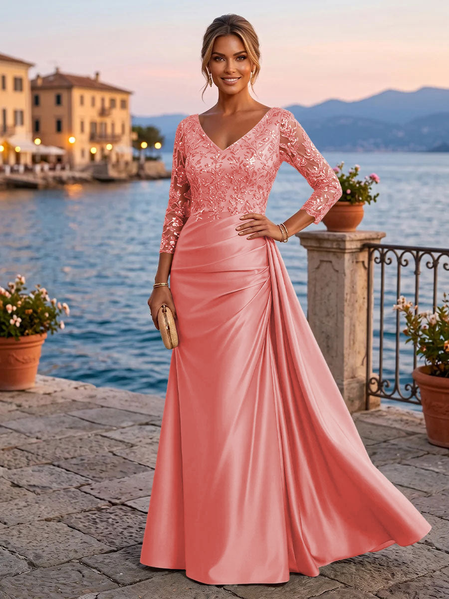 Satin Sheath V Neck Sequin Floral Pleats Evening Dresses