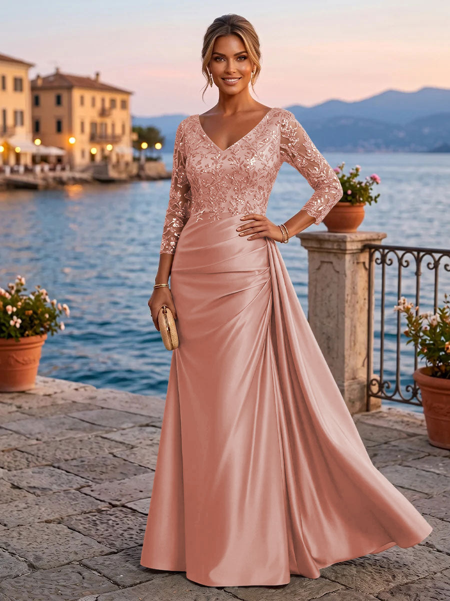 Satin Sheath V Neck Sequin Floral Pleats Evening Dresses