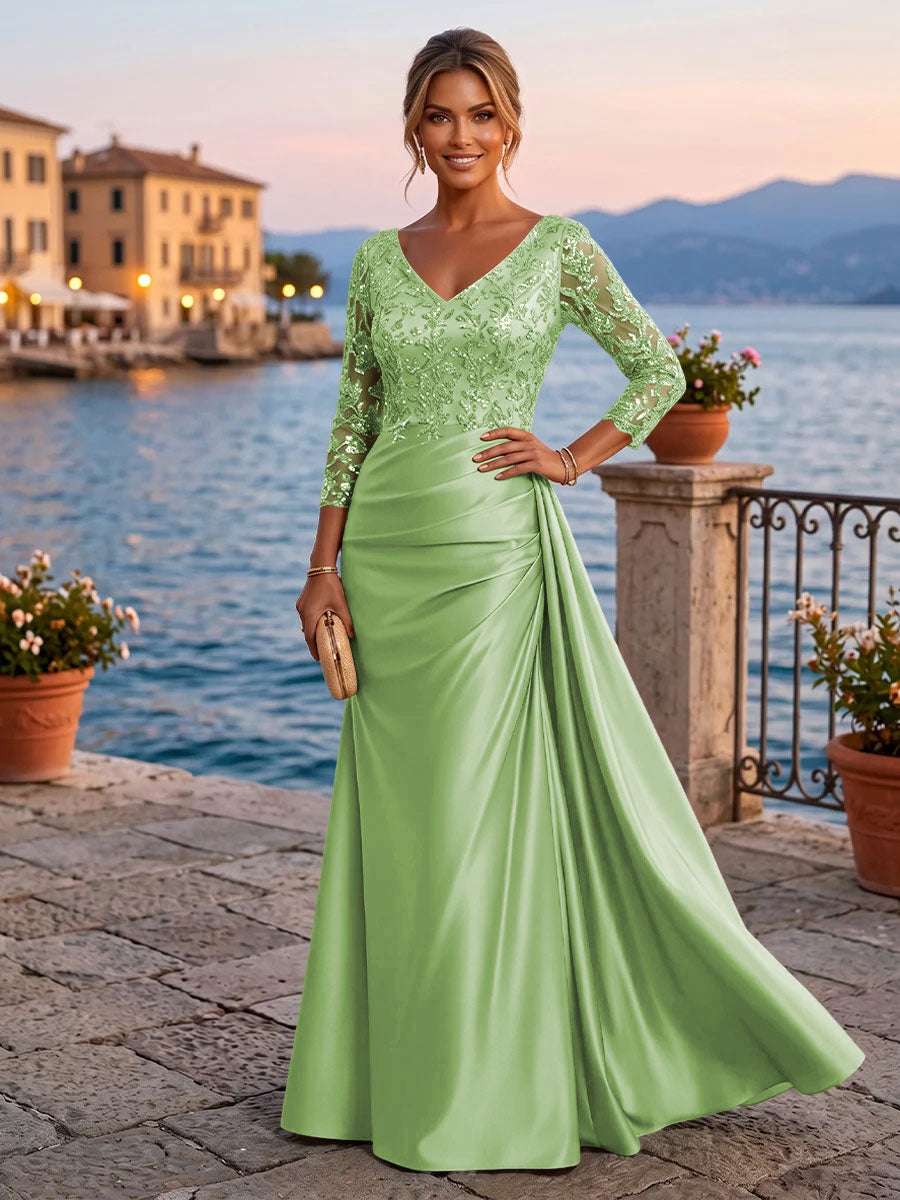 Satin Sheath V Neck Sequin Floral Pleats Evening Dresses