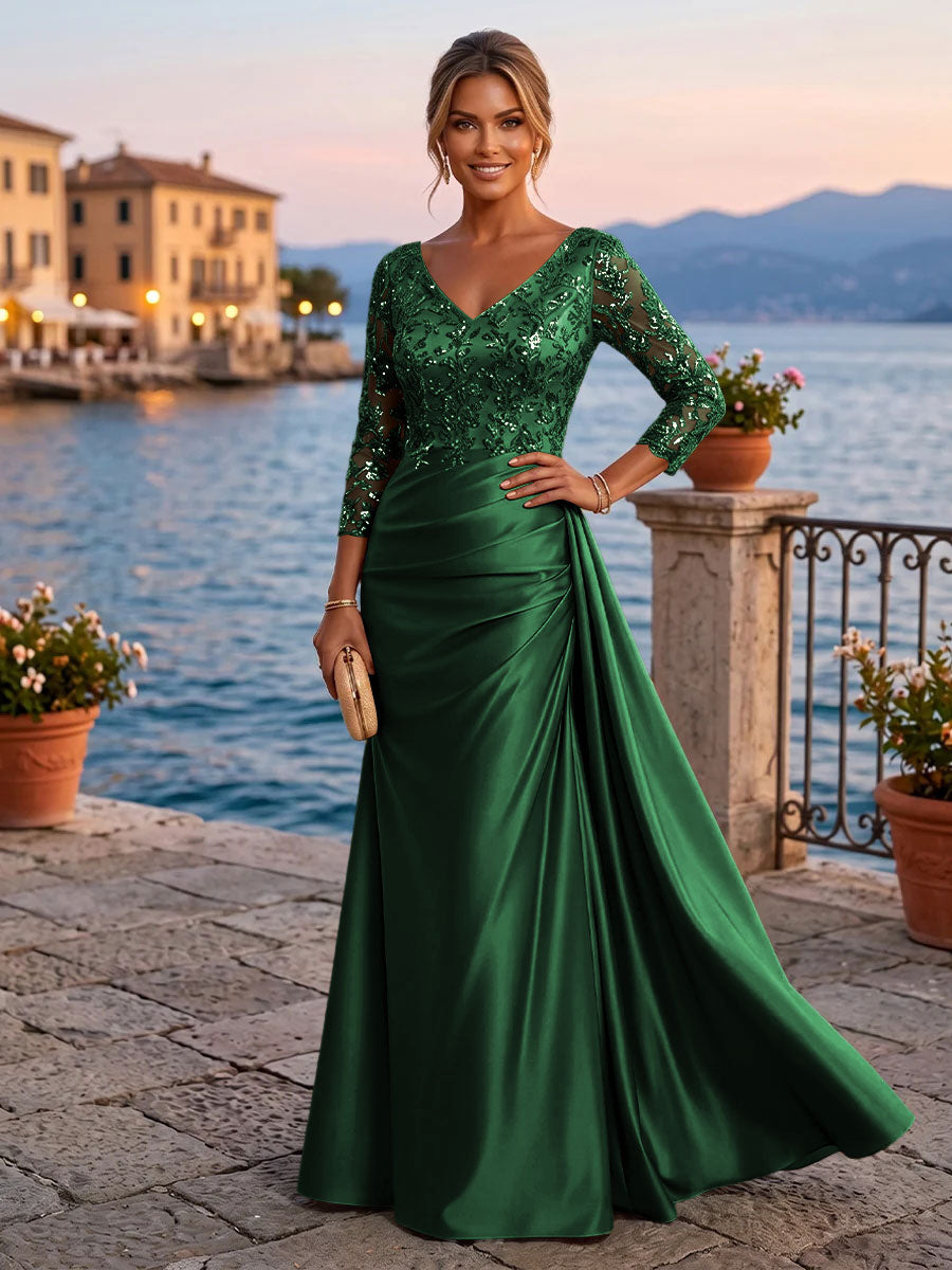 Satin Sheath V Neck Sequin Floral Pleats Evening Dresses