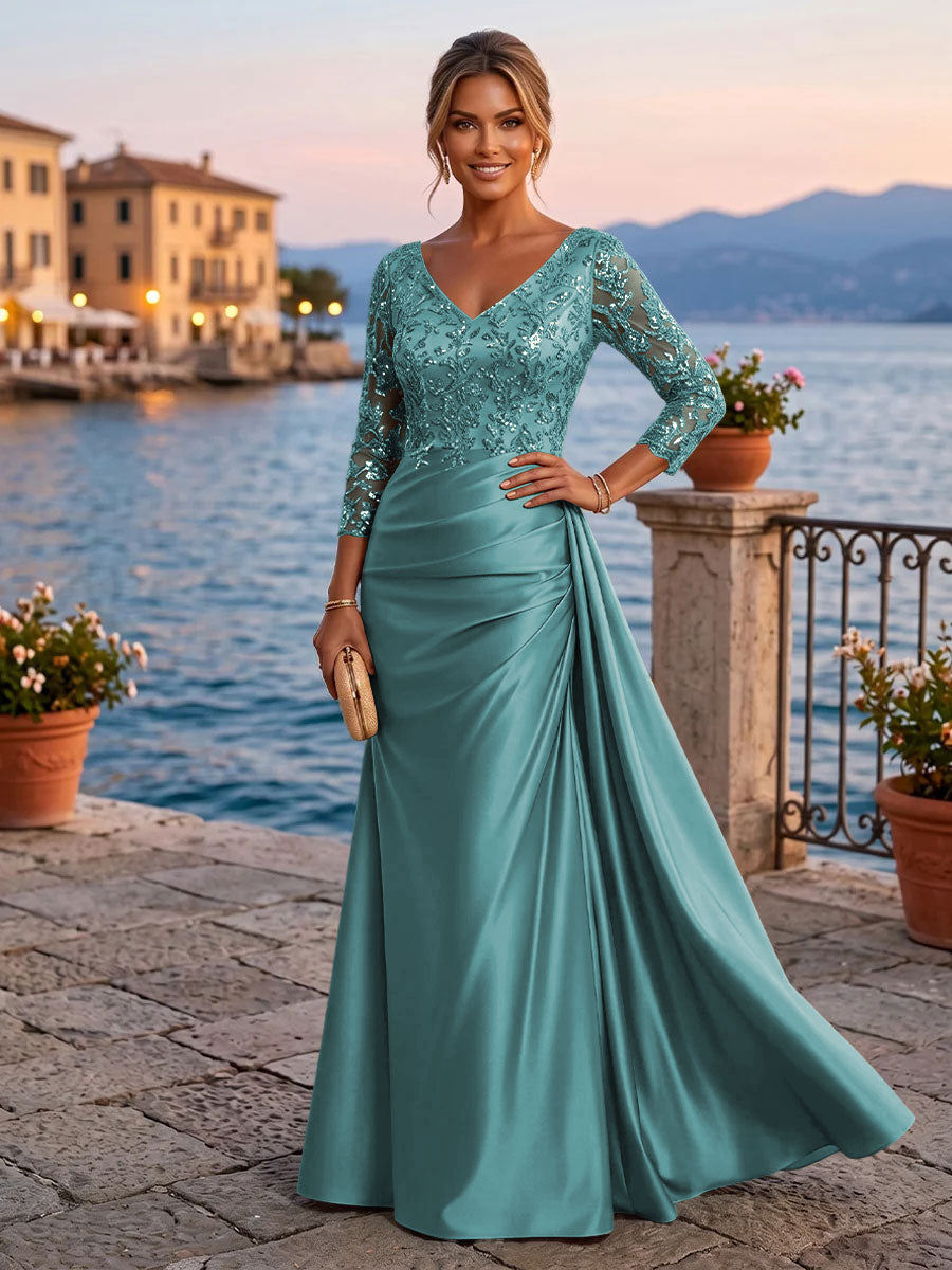Satin Sheath V Neck Sequin Floral Pleats Evening Dresses