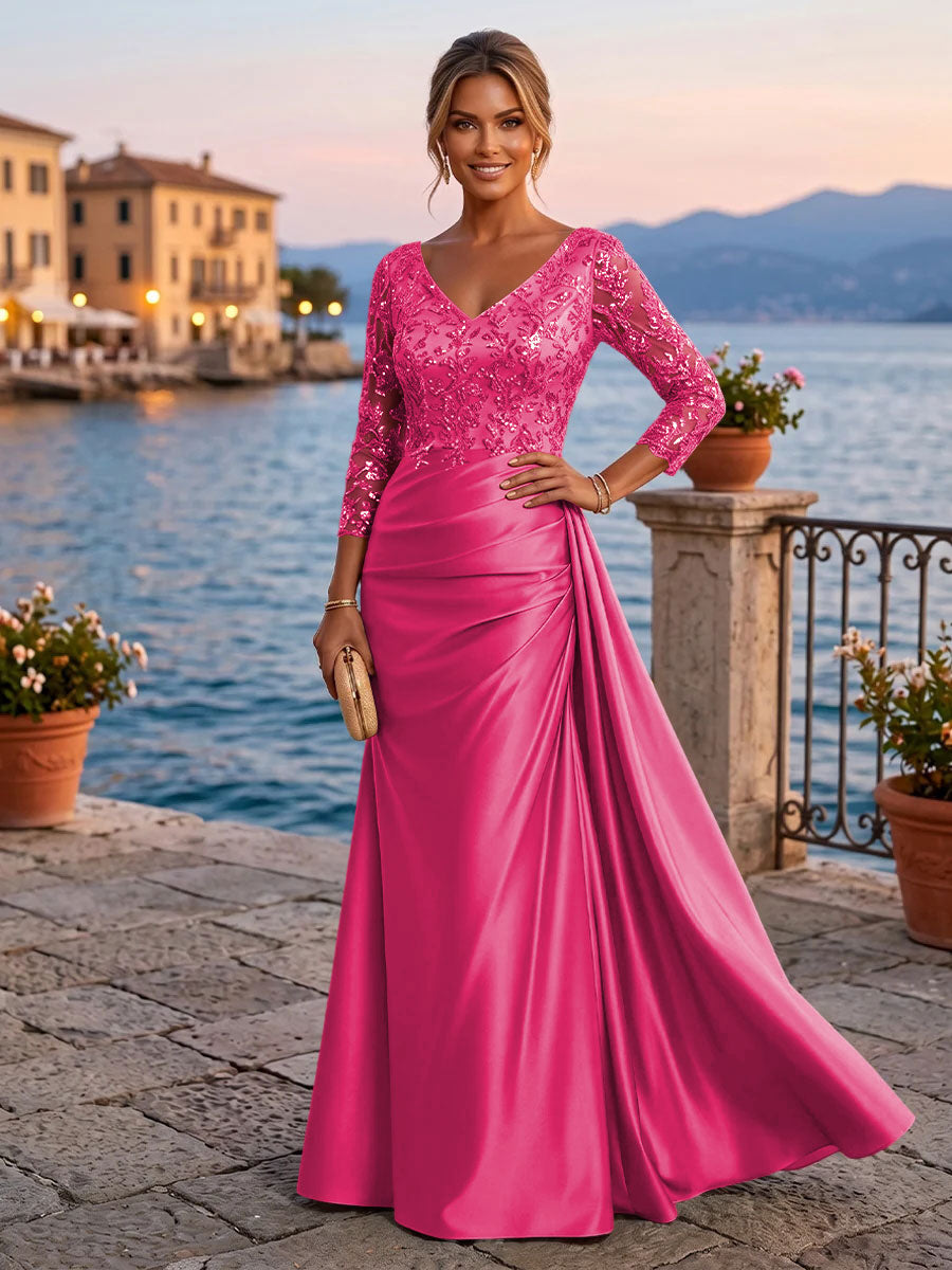 Satin Sheath V Neck Sequin Floral Pleats Evening Dresses