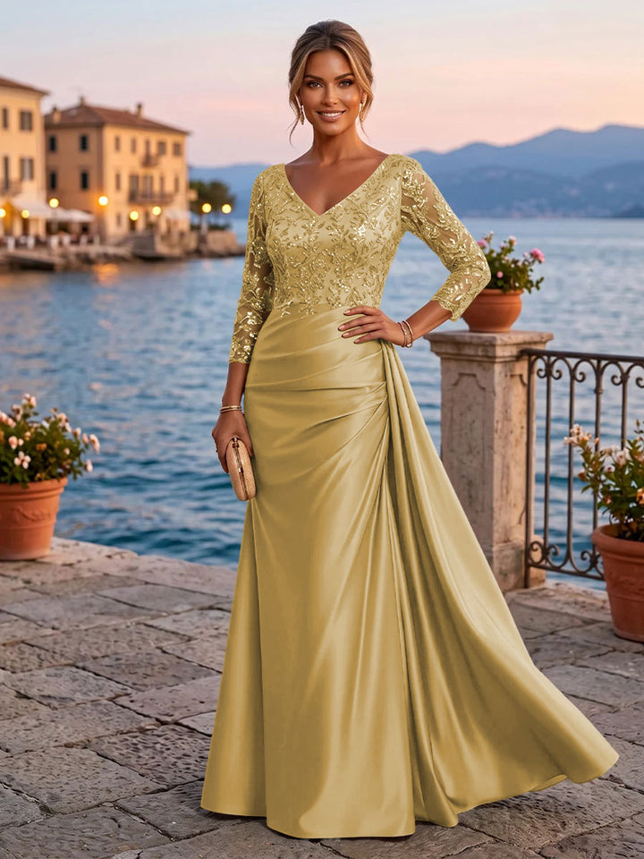 Satin Sheath V Neck Sequin Floral Pleats Evening Dresses